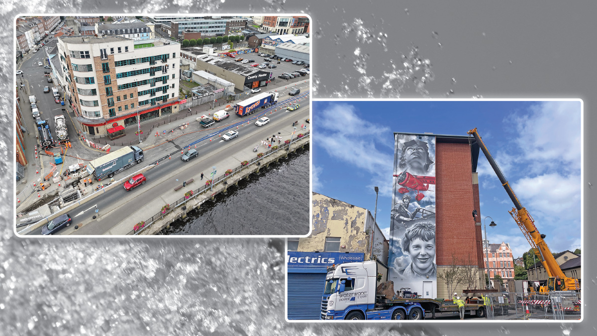 (left) Aerial view of working area at Queens Quay/Lower Clarendon Street, Londonderry, and (right) lifting operations, Queens Quay - Courtesy of GRAHAM