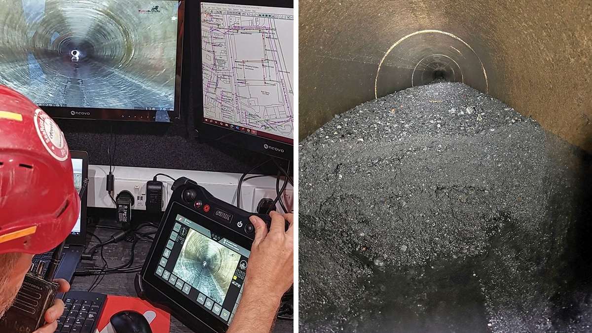 (left) CCTV survey of Culmore Trunk Sewer and (right) significant silt accumulated in Culmore Trunk Sewer requiring jetting and disposal - Courtesy of GRAHAM
