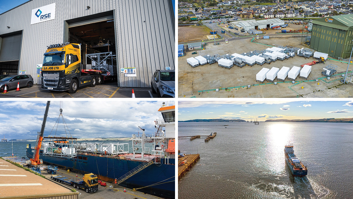 (top left) Modular treatment units leaving RSE factory, (top right) modules arrive at the Port of Cromarty Firth, (bottom left), modules craned onto the ship, and (bottom right) modules en route to Shetland by marine logistics partner Malin Group - Courtesy of RSE