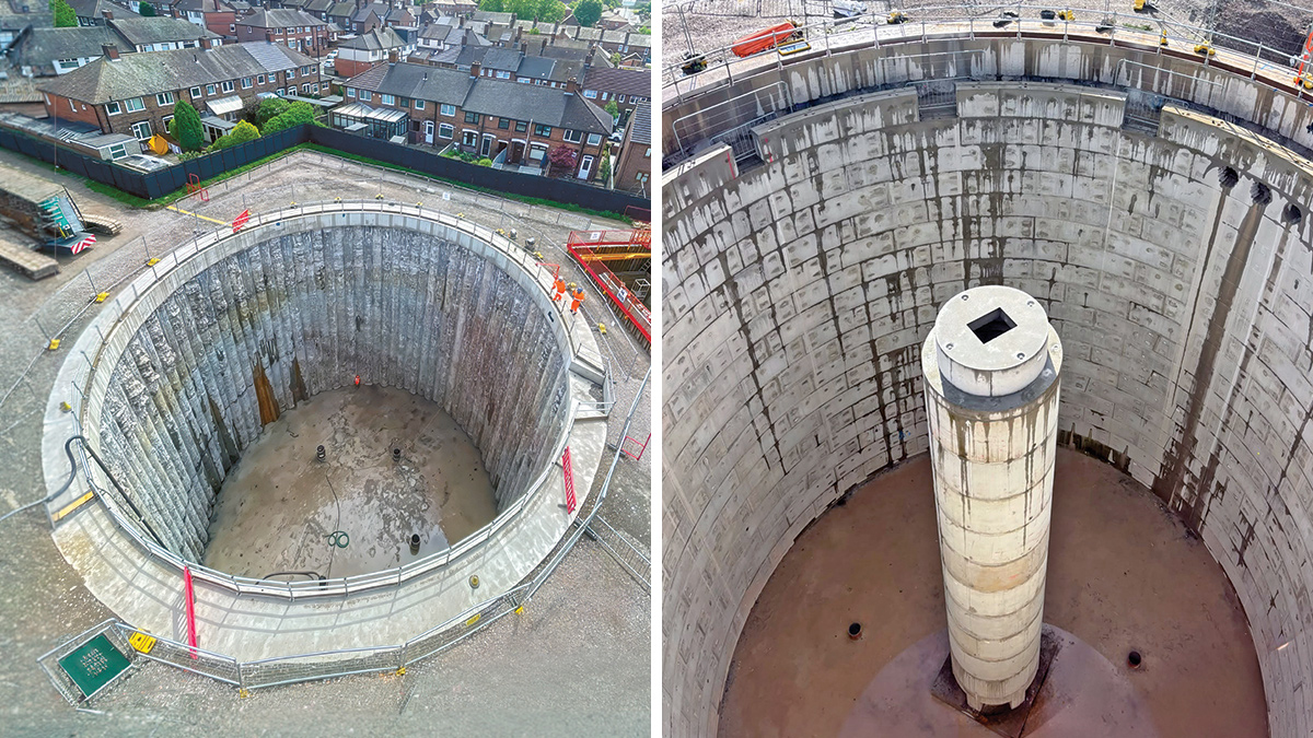 (left) Completed secant piled temporary works and (right) central support and VacFlush™ column - Courtesy of Barhale