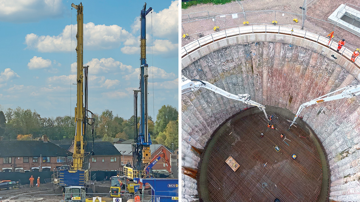 (left) Twin secant piling rigs and (right) Shaft base slab concrete pour - Courtesy of Barhale
