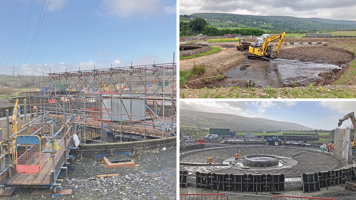(left) Temporary scaffold under 132kV HV line for the FST works, (top right) existing ecological pond drained to allow the construction of the new PST and (bottom right) start of the installation of the PST precast panels - Courtesy of Mott MacDonald Bentley
