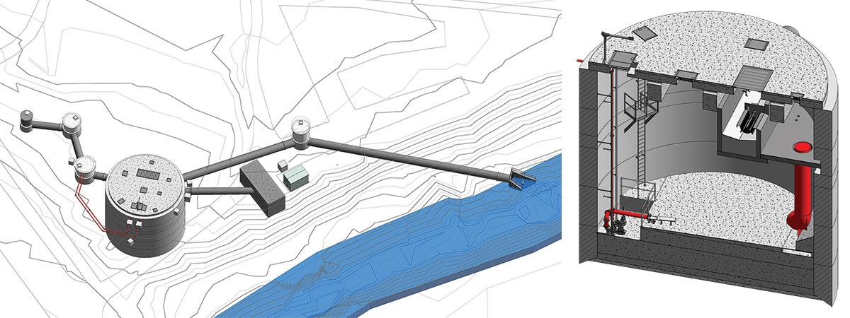 3D Revit models: (left) key structural elements of the scheme and (right) section through combined CSO & detention tank - Courtesy of Ward & Burke