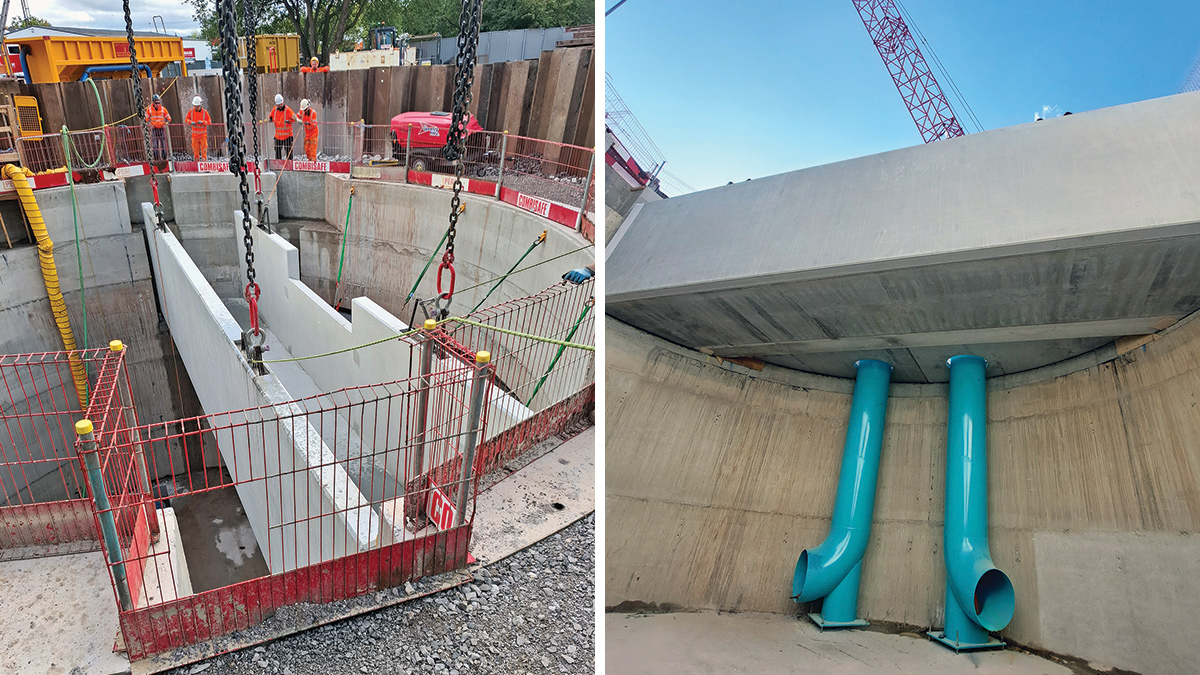 (left) CSO channel structure being lifted into position and (right) the precast RC CSO channel and coated steel dropper pipes installation - Courtesy of Ward & Burke