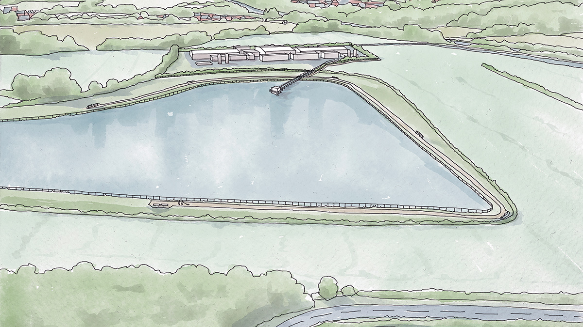 A visualisation of Galley WTW water storage site from the Spring 2026 public consultation - Courtesy of the Grand Union Canal Transfer scheme library