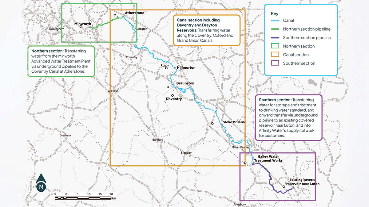 A map of the Grand Union Canal Transfer scheme split into three key sections - Courtesy of the Grand Union Canal Transfer scheme library