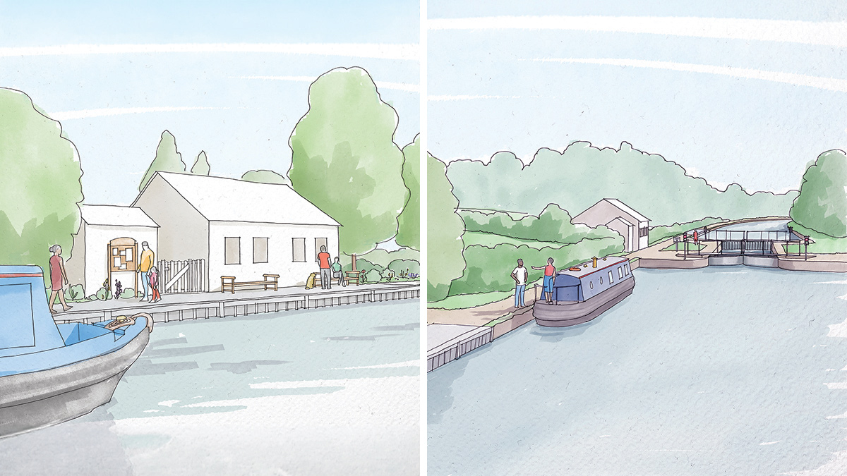 (left) A visualisation of a pumping station from the public consultation in Spring 2026 and (right) a visualisation of a transfer lock from the public consultation in Spring 2026 - Courtesy of the Grand Union Canal Transfer scheme library