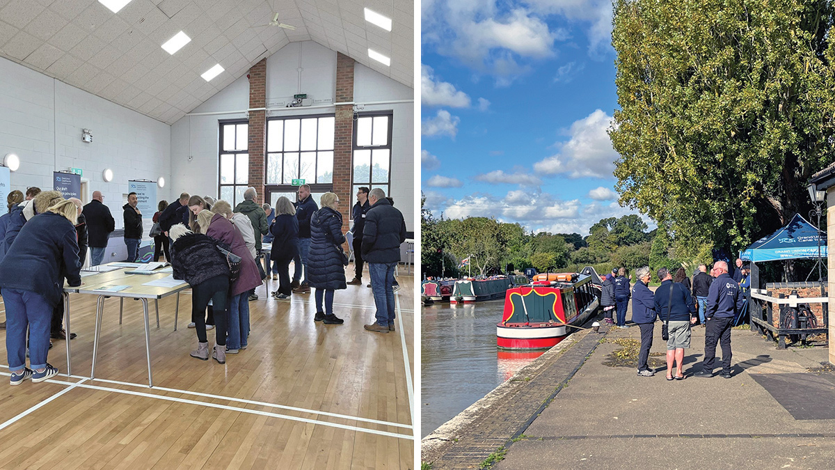 Public consultation events: (left) at Great Brickhill, March 2026 and (right) at Stoke Bruerne, Autumn 2024 - Courtesy of the Grand Union Canal Transfer scheme library
