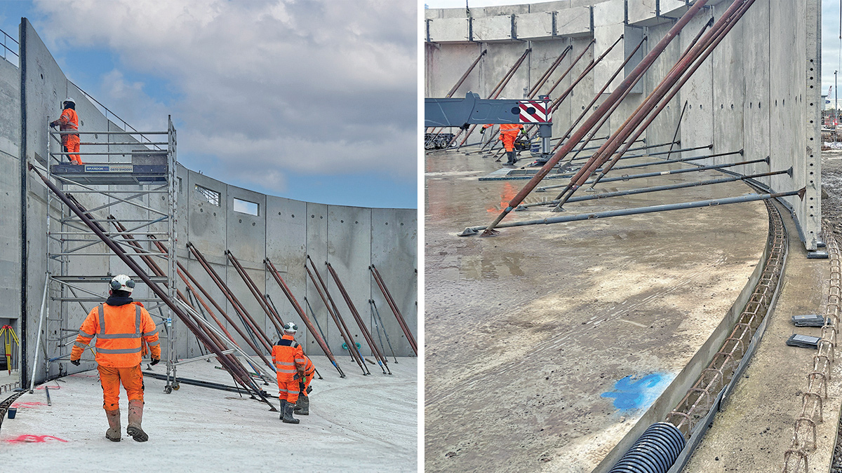 (left) A-Consult Ltd storm tank panels installation and (right) the connection between the precast panels and base installed by A-Consult Ltd - Courtesy of BAM Enpure JV