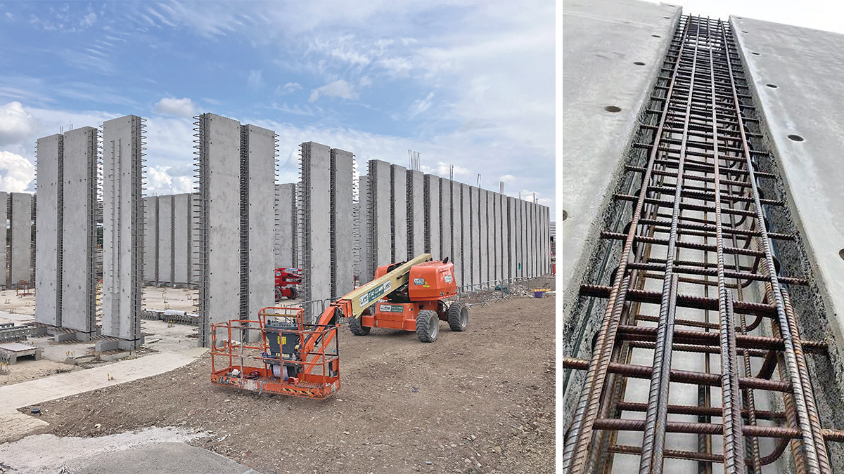 (left) ASP precast walls being erected by FLI Precast Solutions and (right) pre-prepared construction joints with vertical hydrophilic strip - Courtesy of BAM Enpure JV