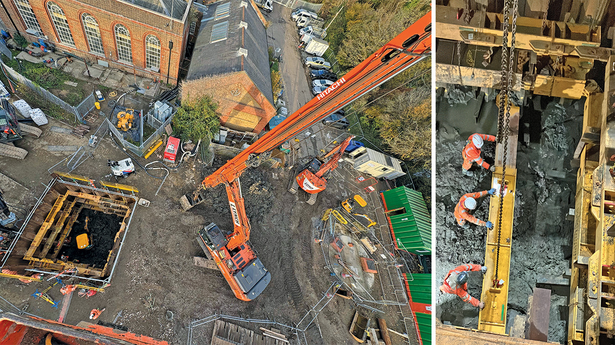 (left) 10m deep shaft excavated by 35T Chameleon and (right) installation of Groundforce Super-Mega braces - Courtesy of BAM Enpure JV