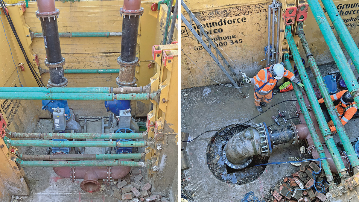 (left) Pumps for MH9501 set below ground level within excavation and (right) suction pipe fixed once stoppers installed during breakthrough works - Courtesy of BAM Enpure JV