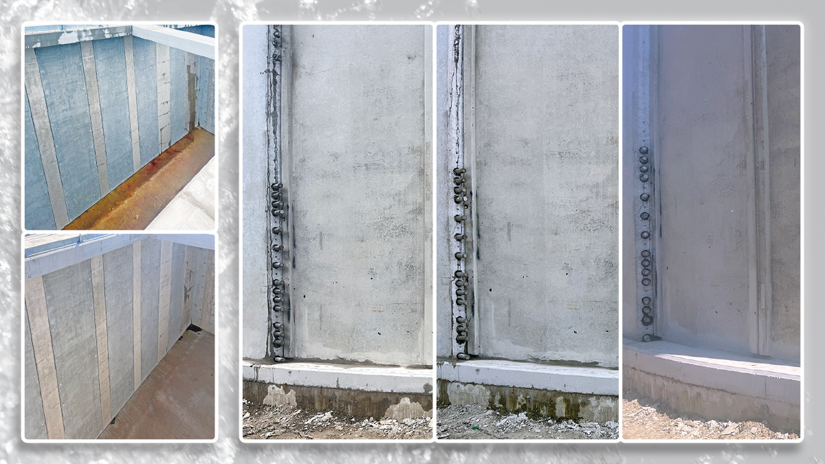 Self-healing of leaks: (left) through concrete stitches in ASP - photos taken one month apart and (right) damp patches on outer face of ring beam seal between the precast panels and the base of the FST - photos taken one month apart - Courtesy of BAM Enpure JV