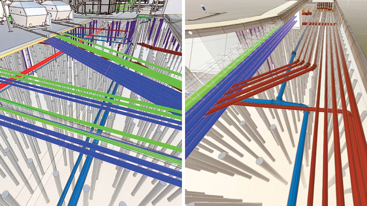 (left) Extract from the federated model showing ducting network adjacent to the inlet works and (right) extract of 3D federated model showing ductile iron pressure pipework, modelled against underground ductwork on an area where VRIs had been installed - Courtesy of BAM Enpure JV