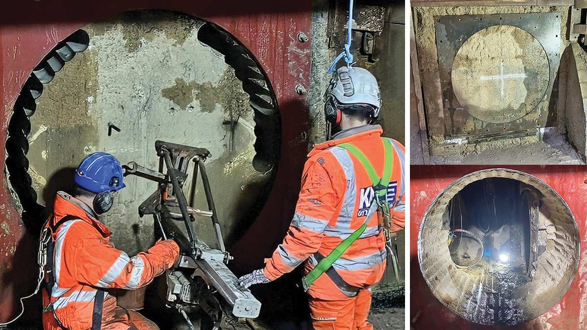 (left) Stitch drilling into existing chamber during breakthrough works and (top right) rear face of the existing chamber with the timber heading completed and the drilling template fixed to the wall, and (bottom right) breakthrough - Courtesy of BAM Enpure JV
