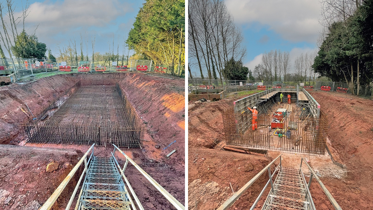 (left) Steel reinforcement in place and (right) storm tank construction underway - Courtesy of Galliford Try