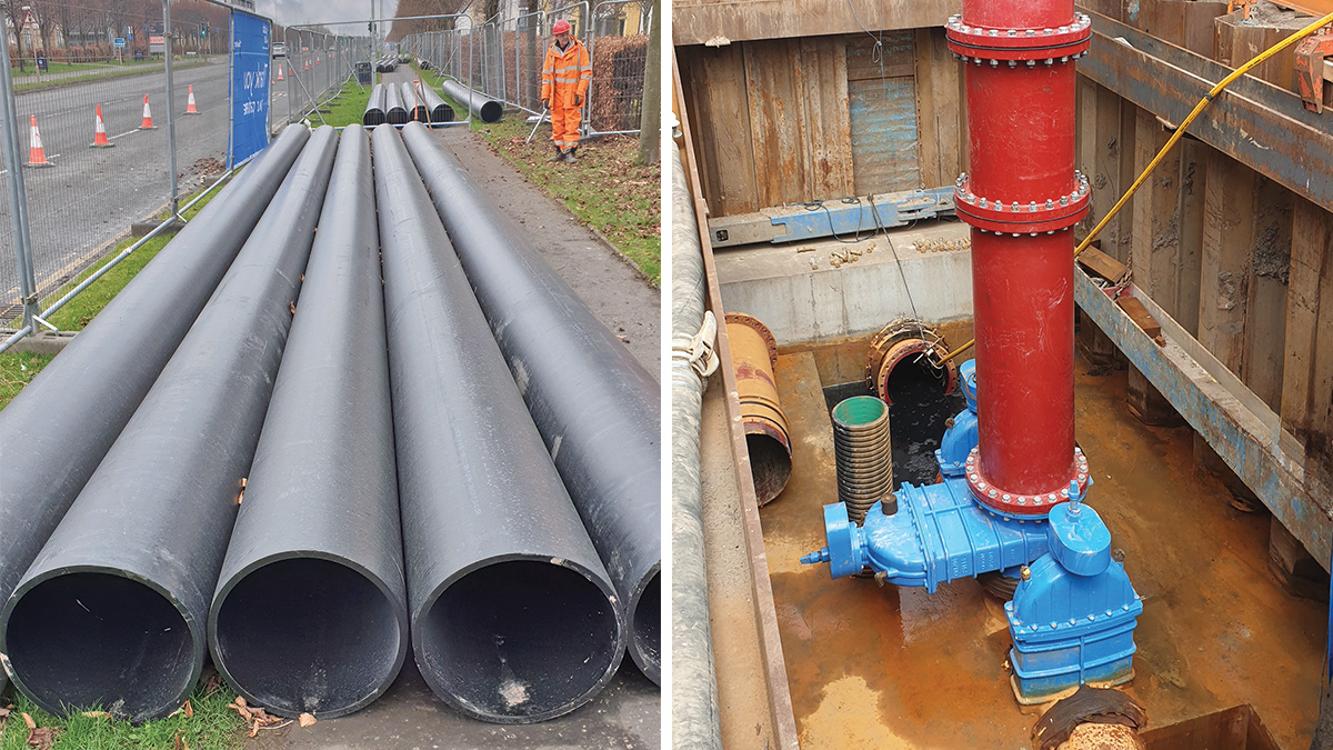 (left) Overland pipe laid out before being welded - Courtesy of Caledonia Water Alliance, and (right) tie in point for overland temporary bypass pipe - Courtesy of Environmental Techniques