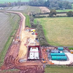 Drone shot of the completed 380m3 balancing tank and rising main route - Courtesy of Esh Stantec