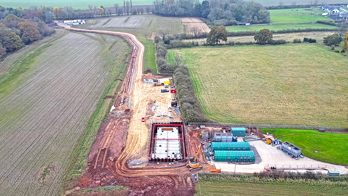 Drone shot of the completed 380m3 balancing tank and rising main route - Courtesy of Esh Stantec