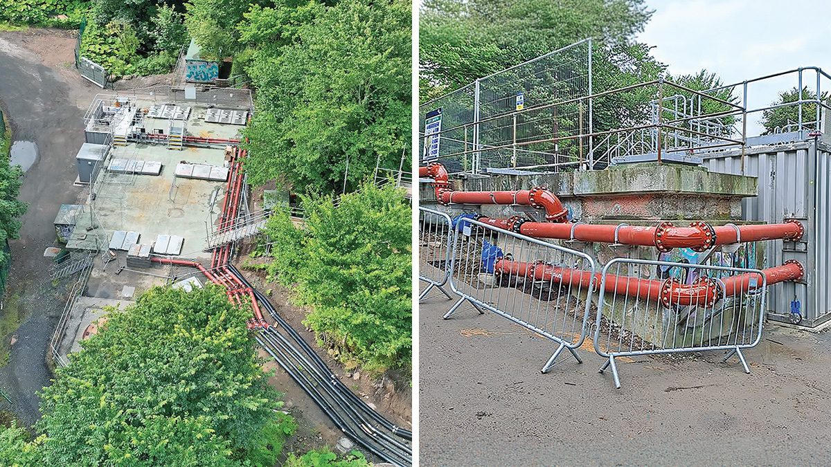 (left) Aerial view of the septic sludge tank , with pump mains & return sludge pipework feeding the new MBBRs and (right) tie in pipework to the existing septic tank - Courtesy of RSE