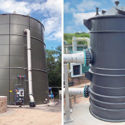 (left) Stortec Engineering's 1150m3 saline smoothing tank (SST) and (right) SST feed pump station reception tank - Courtesy of Galliford Try