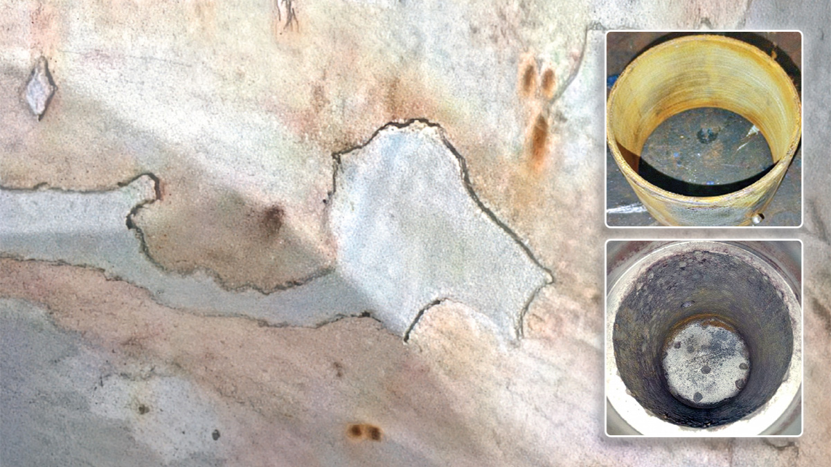 Milgavie WTW Pump B: Image showing lack of cohesion, and (left inset) image showing bearing housing corrosion and dents and ((right inset) fibre bush inner race - Courtesy of WGM Engineering