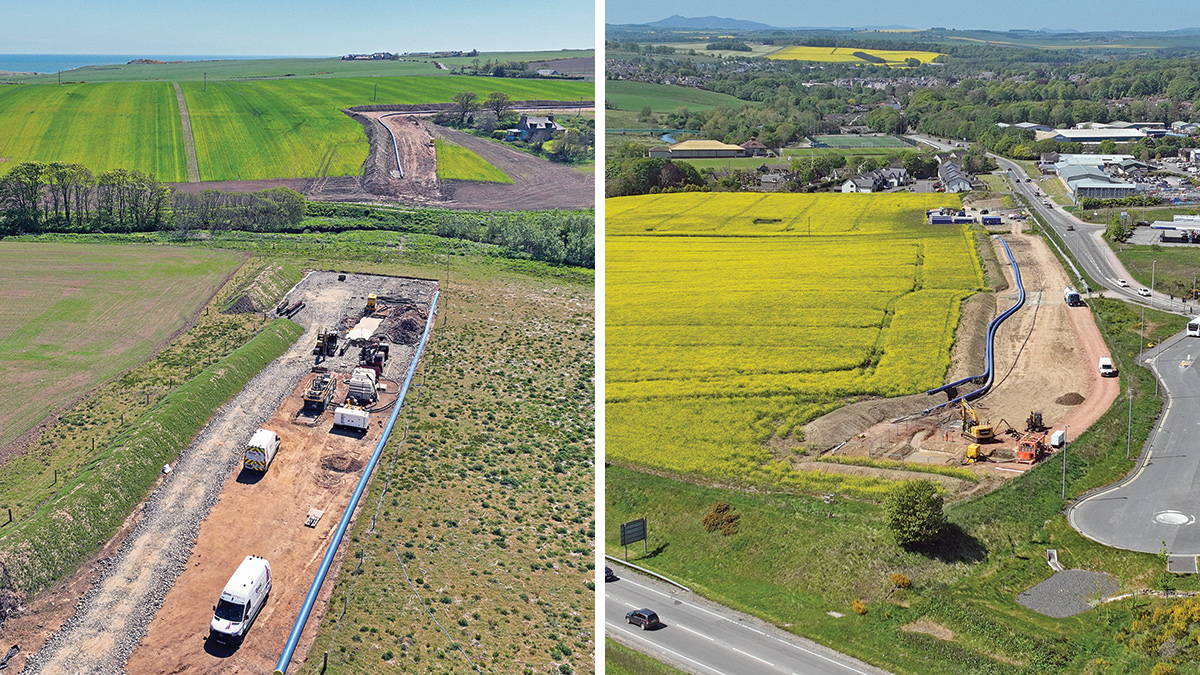 (left) Water of Cruden HDD crossing and (right) pipe welded and ready for pulling through the HDD crossing of the A90 trunk road - Courtesy of Caledonia Water Alliance