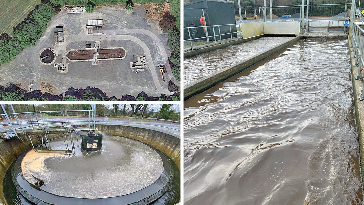 (top left) Overview of existing works, (bottom left) existing clarifier tank and (right) the exiating oxidation ditch - Courtesy of Ward & Burke