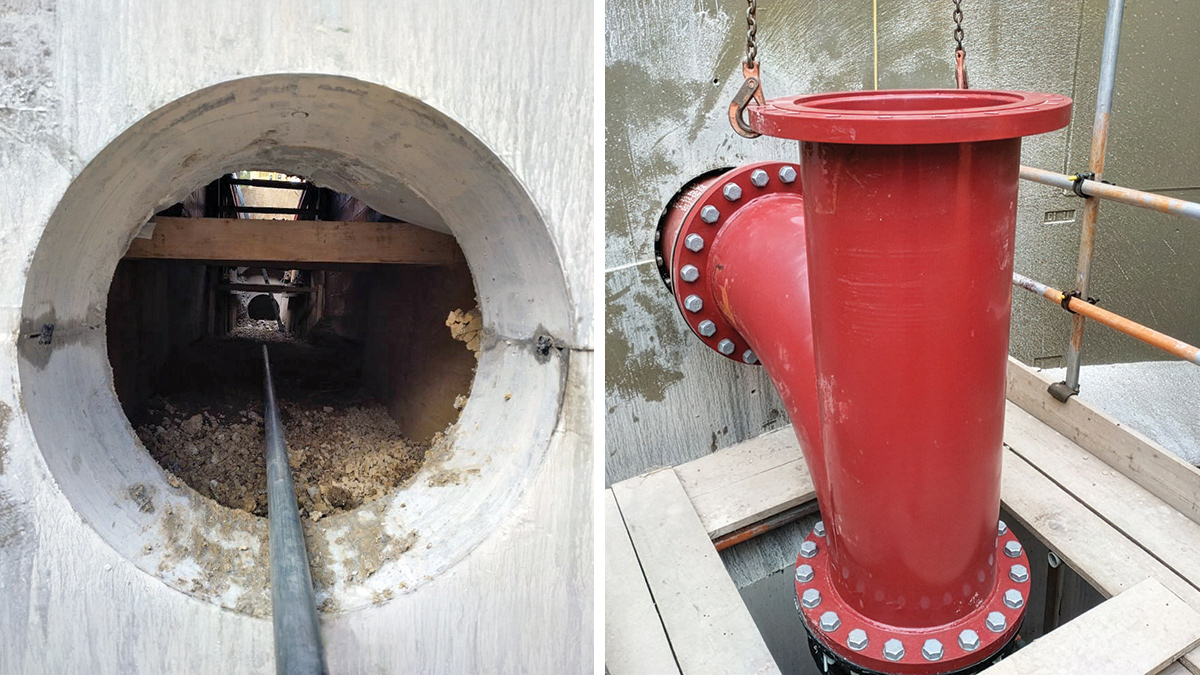 Great Ayton STW: (left) 600mm core through shaft wall and (right) DN500 inlet/overflow pipe, with modular seal installed - Courtesy of Esh Stantec