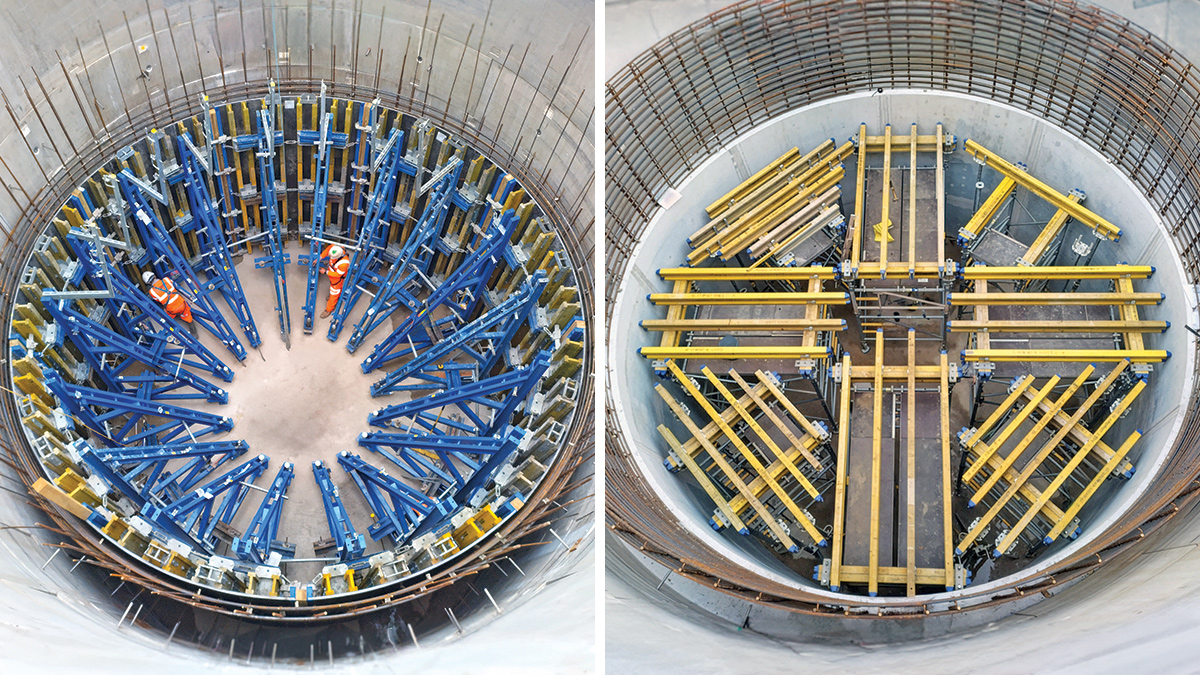 Great Ayton STW: (left) Formwork for first pour of RC liner and (right) temporary works to secure platform for 2nd pour of RC liner - Courtesy of Esh Stantec