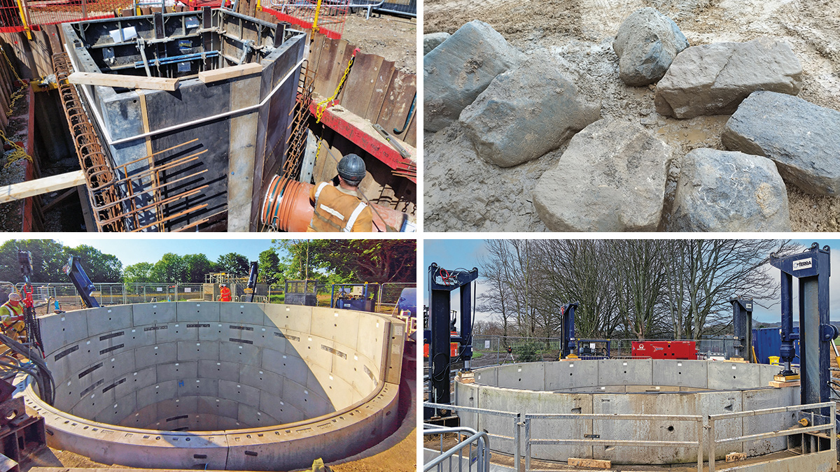 Great Ayton STW: (top left) formwork and rebar for inlet interception chamber, (top right) group of boulders removed from shaft, (bottom left) precast concrete segmental ring building, and (bottom right) shaft construction with jacking system engaged - Courtesy of Esh Stantec