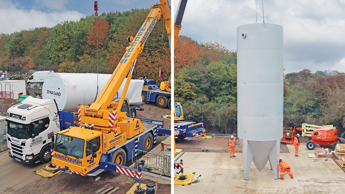 (left) DynaSand filters arriving at Oakham WRC and (right) installation of the first DynaSand filter - Courtesy of @one Alliance