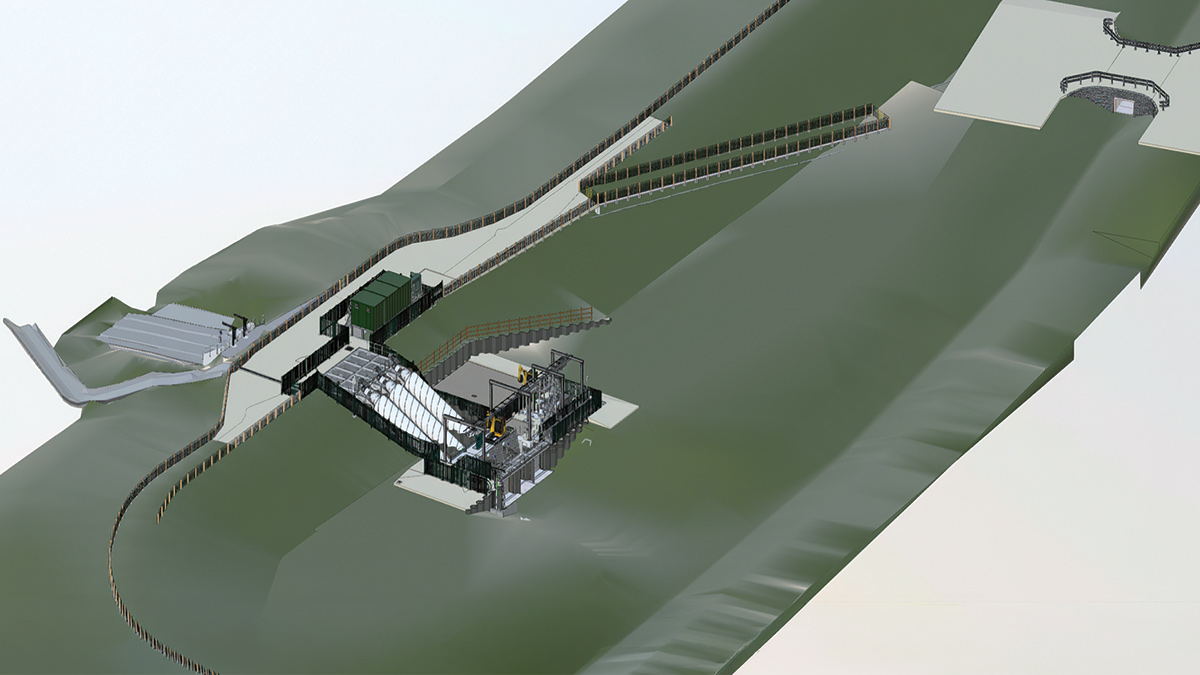 3D model used for design and communication throughout the project displaying access arrangement, the new Skeffling Pump Station, the eel pass and realigned embankment - Courtesy of JBA Bentley