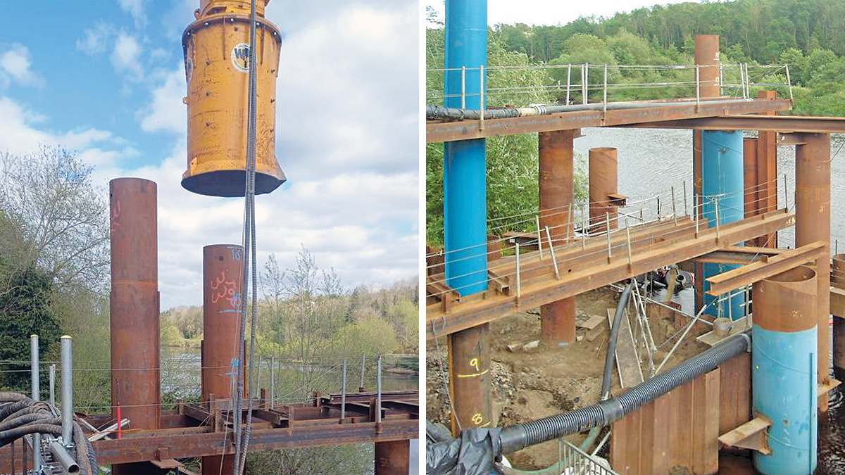 (left) Piles were vibrated to rock level and then hammered in 1m below rock level and (right) view from the west of permanent piles - Courtesy of Mott MacDonald Bentley