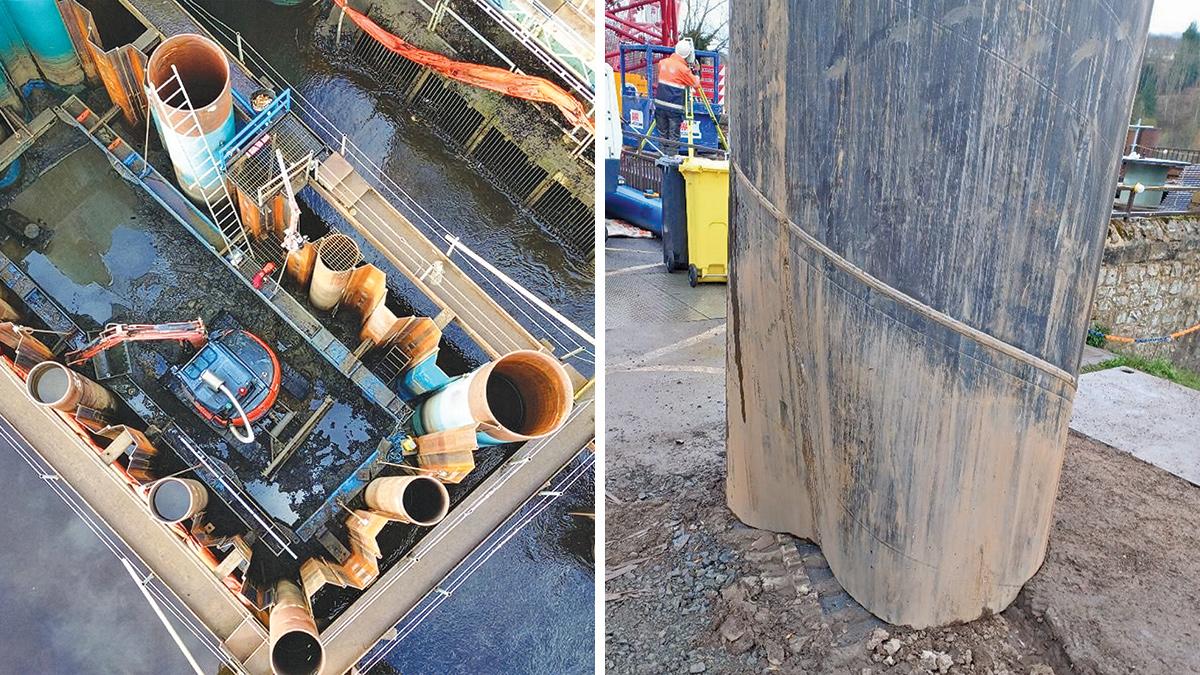 (left) Piling operation and (right) damage to a 1220mm diameter tubular pile after encountering the existing cofferdam from when the pumping station was originally constructed - Courtesy of Mott MacDonald Bentley