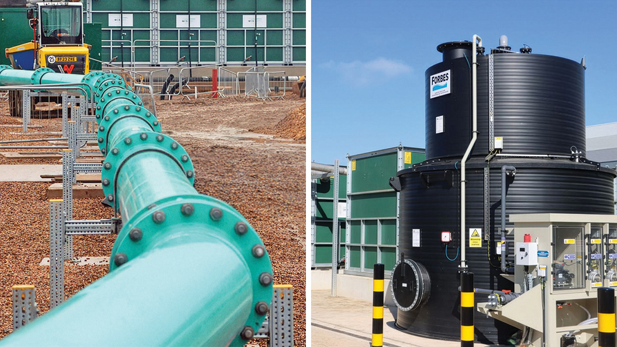 (left) Pipework linking the wet wells to the cloth filters and (right) new dosing package next to the SAF units - Courtesy of @one Alliance
