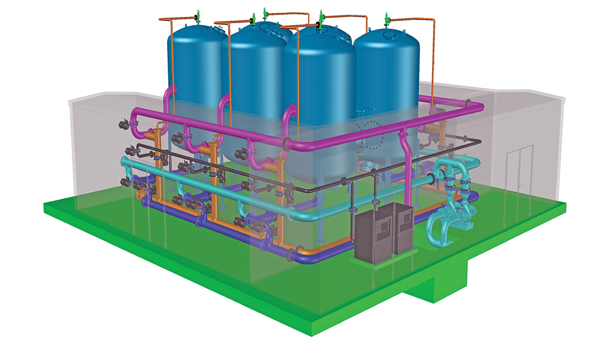 3D model of the six enhanced-depth pressure filters designed for catalytic iron and manganese removal - Courtesy of Essex & Suffolk Water
