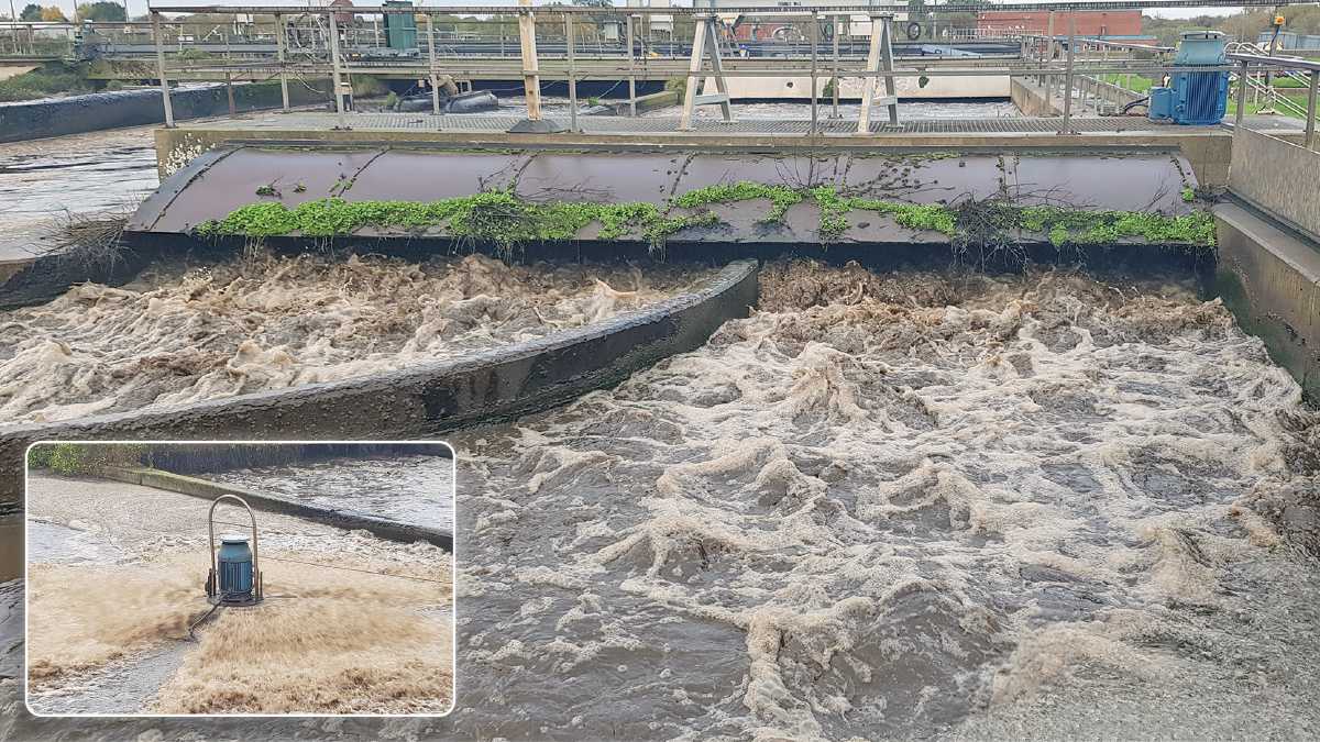 The existing horizontal brush aeration system and (inset) rented surface aerator in the oxidation ditch - Courtesy of Vortech Water Solutions