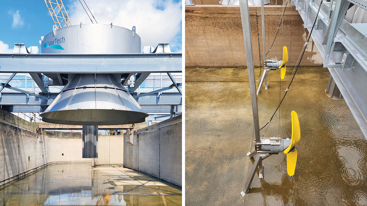 (left) Oxidation ditch installation and (right) Flygt low speed mixer/flow booster installation - Courtesy of Vortech Water Solutions