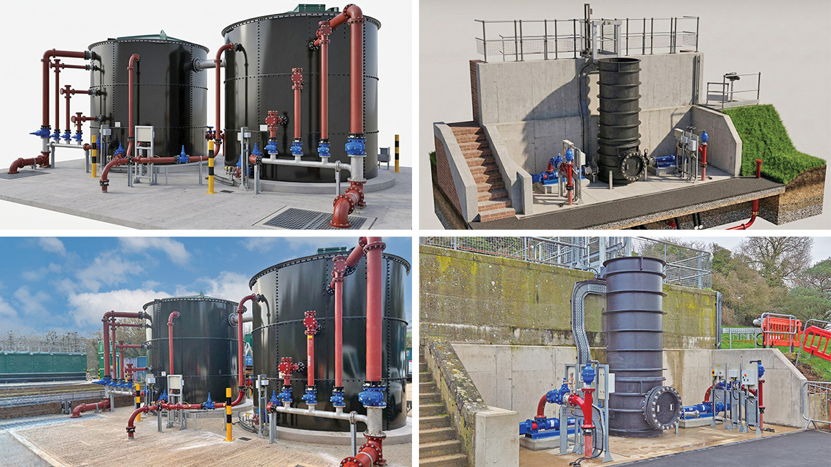 Model and as-built images: (left) the 60m<sup>3</sup> sludge tanks and (right) the combined sludge transfer PS - Courtesy of BIMTek Limited