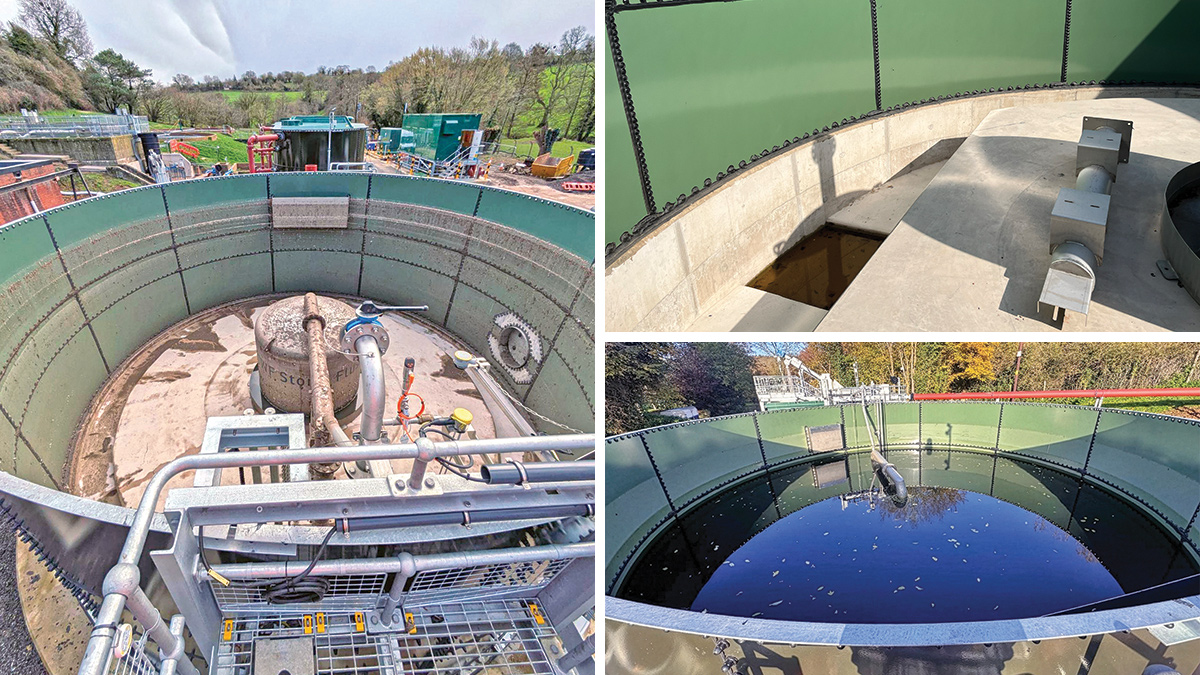 (left) Storm tank flushing bell from Eliquo Hydrok Ltd, (top right) inside the new above-ground GFS storm tank from Goodwin Tanks Ltd and (bottom right) storm tank hydrostatic testing - Courtesy of BIMTek Limited
