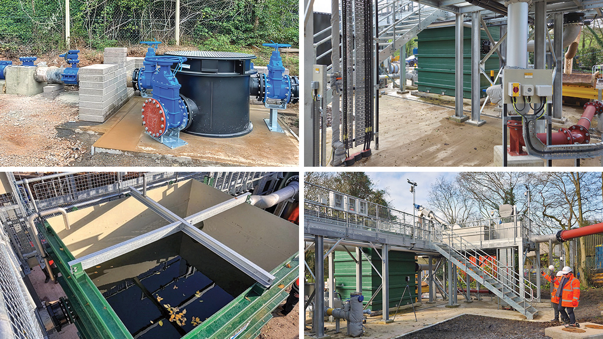 (top left) Inlet diversion chamber with temporary bypass pipework, (bottom left) plastic inlet pumping station, and (right) inlet pumping station & GMS platform - Courtesy of BIMTek Limited