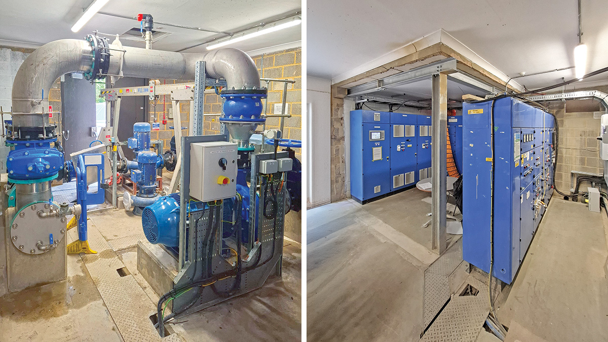 (left) First new pump installed with the standby provisions in the background and (right) MCC installation - Courtesy of Ward & Burke