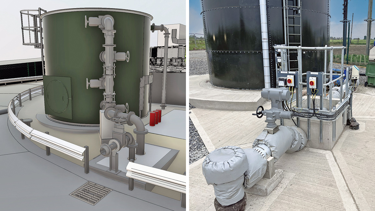 (left) First person view in virtual reality of sludge holding tank and (right) site returns flow meter chamber - Courtesy of Mott MacDonald Bentley