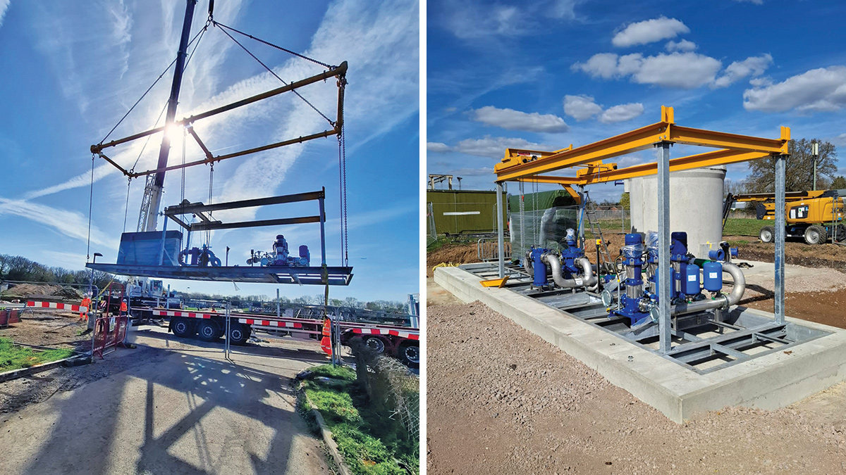 (left) DfMA washwater booster being delivered and (right) DfMA washwater booster positioned on site - Courtesy of Ward & Burke