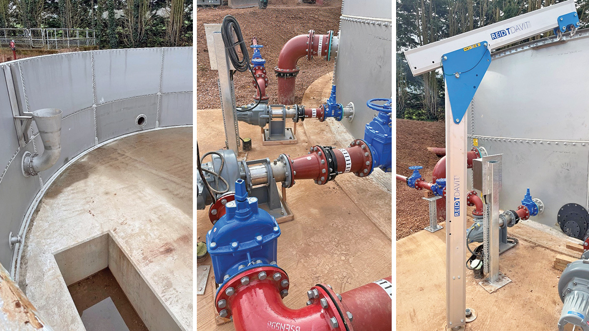 (left) New storm tank and sump, (middle) new storm return pump and mixer, and (right) new davit arm for pump removal - Courtesy of Galliford Try