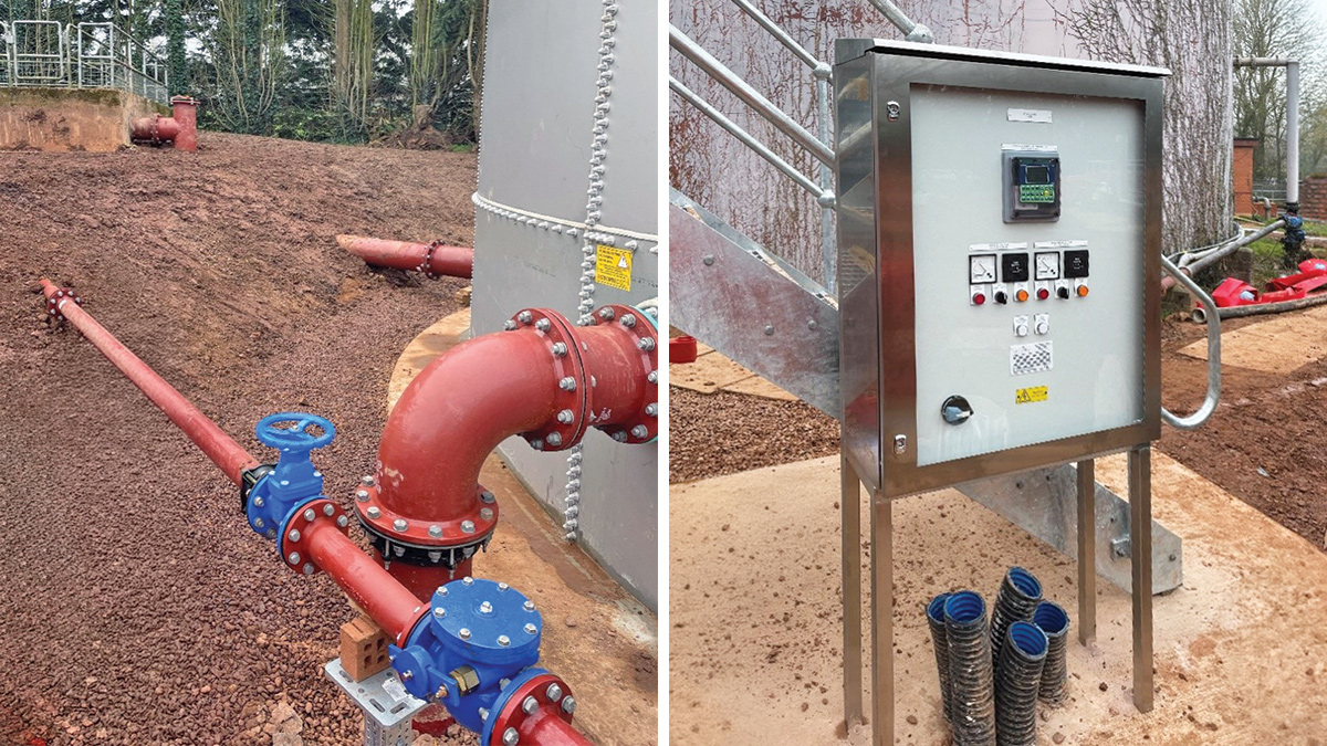 (left) New storm feed and storm overflow pipework and (right) new MCC for storm pump and mixer control - Courtesy of Galliford Try