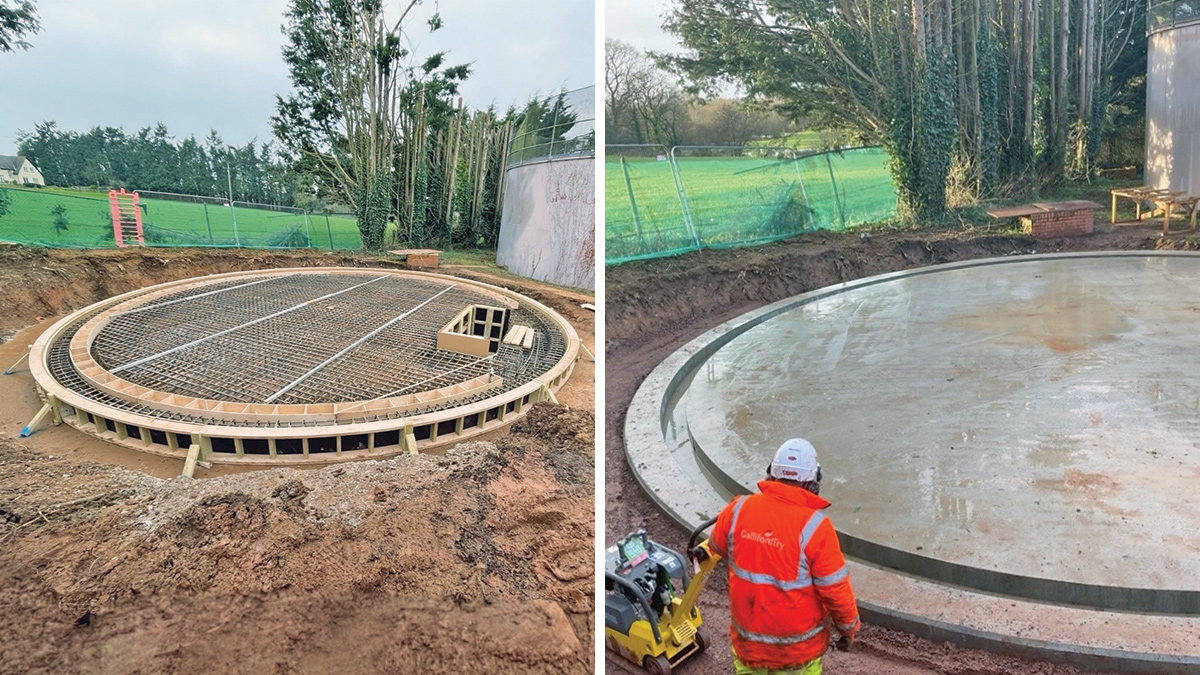 (left) Base shuttering and steel in place and (right) new cast storm tank base - Courtesy of Galliford Try