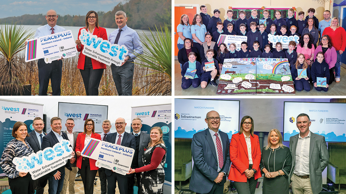 Senior personnel from SEUPB, NI Water and Uisce Éireann at the launch of the €32m WEST Project & pupils from St. Martin’s Primary School, Garrison, with the WEST Project outreach team at an interactive art workshop - Courtesy of WEST Project