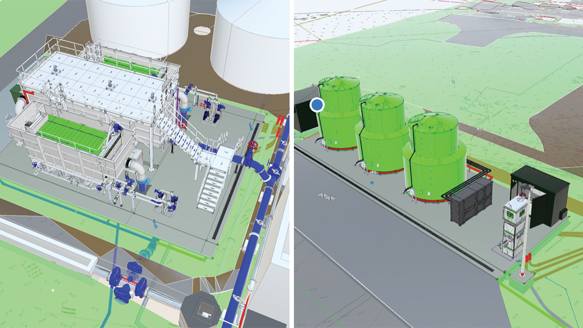(left) Model of the tertiary cloth filter system and (right) model of the ferric dosing system - Courtesy of @one Alliance